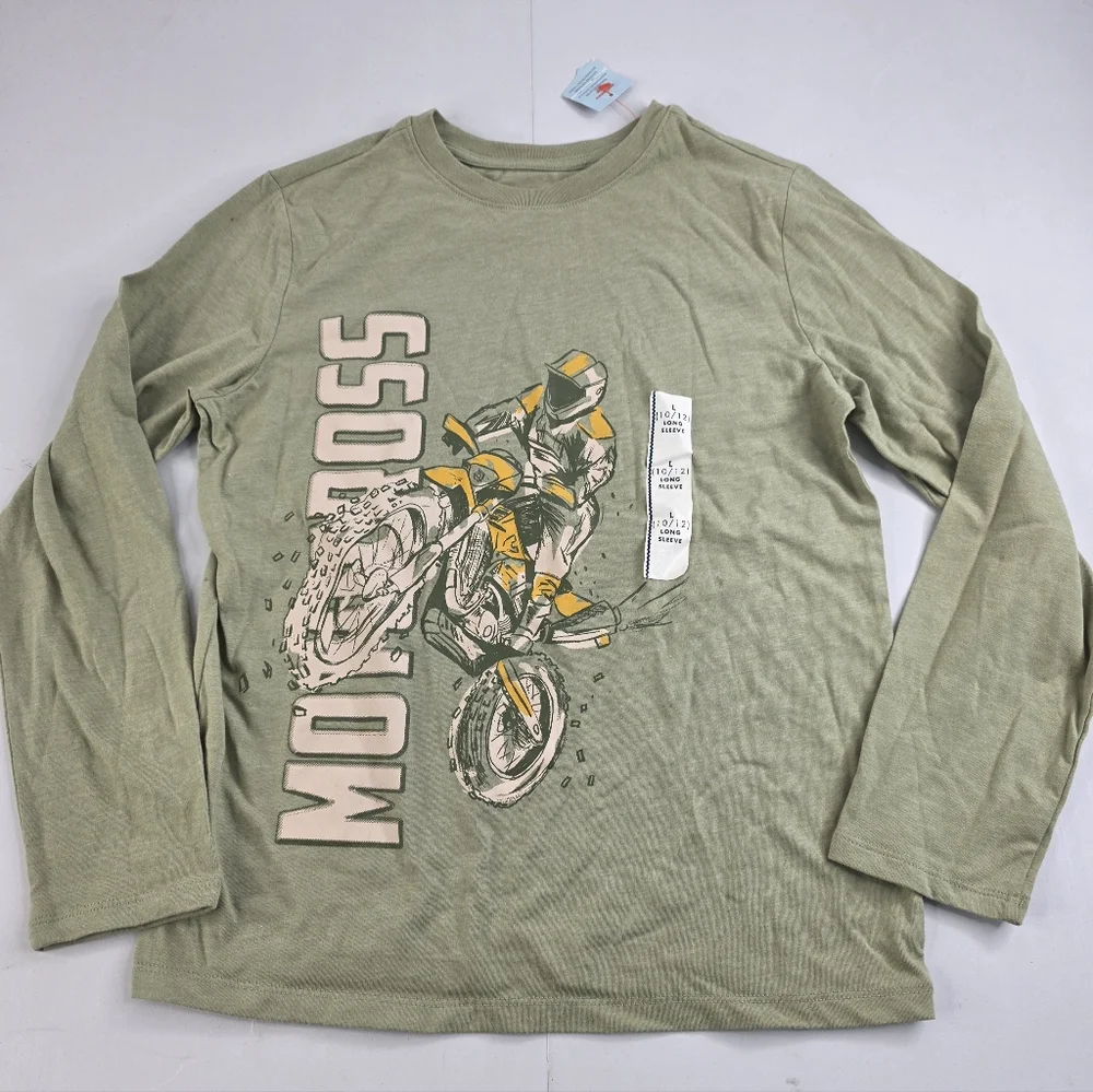 Cat & Jack Olive Motocross Long Sleeve Tee Size Large (10/12) NWT F-2986
